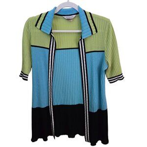 Misook Colorblock Striped Ribbed Open Front Cardigan Sweater Size L
